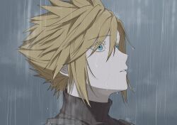 1boy black_shirt blonde_hair cloud cloud_strife cloudy_sky colored_eyelashes commentary final_fantasy final_fantasy_vii gongju_s2 hair_between_eyes looking_up male_focus parted_lips profile rain shirt short_hair sky solo teeth turtleneck upper_body wet wet_hair