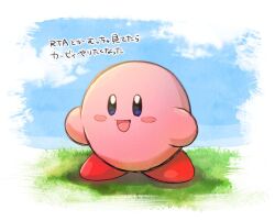 Rule 34 | blue sky, blush stickers, colored skin, grass, kirby, kirby (series), nintendo, nishio (ni 3597193), no humans, outdoors, pink skin, sky, smile, solo, standing, translation request
