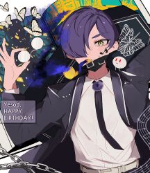 Rule 34 | 1boy, all-around helper, belt, bug, butterfly, chain, coat, coffin, collared shirt, e.g.o (project moon), english text, funeral of the dead butterflies, glasses, grinder mk4 (e.g.o), hair over one eye, happy birthday, highres, holding, holding removed eyewear, insect, library of ruina, magic bullet (e.g.o), musical note, musical note tattoo, nakame77, necktie, project moon, purple brooch, purple coat, purple hair, purple necktie, regret (e.g.o), shirt, short hair, smoking, smoking pipe, solemn lament (e.g.o), solo, tattoo, unworn eyewear, white shirt, yellow eyes, yesod (project moon)