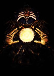 1boy absurdres artist_name black_sclera colored_sclera commentary crain1art dark duel_monster energy_ball exodia_the_forbidden_one glowing glowing_eyes hands_up highres looking_at_viewer male_focus red_eyes solo yu-gi-oh!