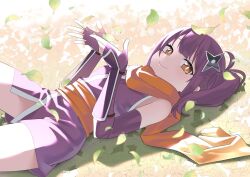 1girl arm_guards end_card falling_leaves fingerless_gloves gloves japanese_clothes kimono kuroda_bb kusagakure_satoko leaf looking_at_viewer lying ninja ninja_to_koroshiya_no_futarigurashi official_art orange_eyes orange_scarf purple_gloves purple_hair purple_kimono scarf shuriken_hair_ornament sleeveless sleeveless_kimono smile solo