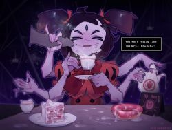 1boy 1girl arthropod_girl artist_name black_hair bow bowtie buttons cake cake_slice cum cum_in_container cum_in_cup cum_on_body cum_on_food cum_on_hands cup double-breasted dress extra_arms extra_eyes facial food hair_ornament half-closed_eyes heart hetero highres holding insect_girl looking_at_viewer monster_girl muffet penis red_bow red_bowtie red_dress short_hair smile solo_focus sorapoi spider_girl stray_pubic_hair teacup twintails undertale upper_body