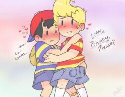 after_kiss annoyed bad_tag black_hair blush child hat kiss legs lovemysockhead12 lucas_(mother_3) male_focus mother_(series) mother_2 mother_3 ness_(mother_2) nintendo red_hat shirt shorts shota socks striped_clothes striped_shirt super_smash_bros.