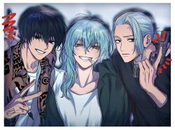 Rule 34 | 1girl, 2boys, adam&#039;s apple, akao rion, anger vein, antenna hair, black eyes, black hair, black shirt, blue hair, blurry, boy sandwich, bright pupils, brown shirt, cigar, closed mouth, collarbone, depth of field, finger tattoo, fingernails, forehead, grin, gun, hair between eyes, hair bun, hair slicked back, half-closed eyes, hand tattoo, hands on another&#039;s shoulders, highres, holding, holding gun, holding pen, holding weapon, kuroiisana, leaning to the side, light frown, long hair, looking at viewer, lower lip only, multiple boys, nagumo (sakamoto days), pen, sakamoto days, sakamoto taro, sandwiched, sanpaku, shadow, shirt, short hair, simple background, single hair bun, smile, smoking, straight hair, tattoo, teeth, upper body, wavy hair, weapon, white background, white hair, white pupils, white shirt, white undershirt, yellow eyes