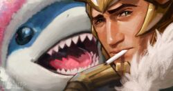 2boys artist_name cigarette closed_mouth commentary dated derivative_work english_commentary helmet highres jaws_(movie) jeff_(marvel) jeff_the_land_shark_(incognito_dolphin) loki_(marvel) looking_at_another looking_at_viewer marvel marvel_rivals multiple_boys neo_jpeg official_alternate_costume open_mouth shark signature smile smoking superhero_costume