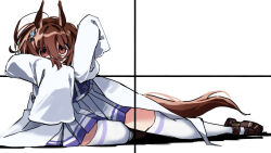 1girl absurdres agnes_tachyon_(umamusume) ahoge animal_ears brown_hair brown_shoes chemical_structure coat earrings highres horse_ears horse_girl horse_tail jewelry lab_coat long_sleeves open_clothes open_coat pleated_skirt purple_shirt red_eyes school_uniform shirt shoes single_earring sitting skirt sleeves_past_fingers sleeves_past_wrists solo tail thighhighs tracen_school_uniform uma2_0429 umamusume white_skirt white_thighhighs