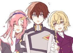 Rule 34 | 1boy, arm hug, blonde hair, blush, breasts, brother and sister, brown hair, cagalli yula athha, compass uniform, couple, double arm hug, dress, er1ji6ou2004, gundam, gundam seed, gundam seed freedom, hair ornament, hetero, kira yamato, lacus clyne, long hair, looking at viewer, military, military uniform, multiple girls, open mouth, pink hair, ponytail, purple eyes, shirt, short hair, siblings, simple background, smile, twins, very long hair, yellow eyes