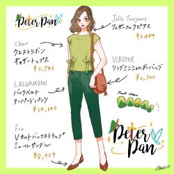 Rule 34 | 1girl, arrow (symbol), bag, bow, brown eyes, brown hair, character name, copyright name, genderswap, green pants, green shirt, meecosme, nail polish, pants, shirt, shoes, short hair, short sleeves, sleeveless, sleeveless shirt, smile, translation request, walt disney&#039;s peter pan
