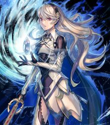 Rule 34 | 1girl, amao miyuki, armor, armored leotard, black hairband, blonde hair, blue cape, breasts, cape, dragonstone, female corrin (fire emblem), fire emblem, fire emblem fates, gloves, hair between eyes, hair ornament, hairband, holding, holding sword, holding weapon, leotard, long hair, looking at viewer, nintendo, pointy ears, red eyes, slit pupils, solo, sword, thighs, too many watermarks, watermark, weapon, yato (fire emblem)