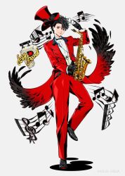 1boy alternate_costume amamiya_ren black-framed_eyewear black_eyes black_feathers black_gloves black_hair black_shoes black_wings feathers formal_clothes full_body glasses gloves hat holding holding_instrument holding_saxophone instrument long_sleeves looking_at_viewer musical_note official_art pants persona persona_5 red_hat red_pants red_suit red_wings saxophone shirt shoes short_hair simple_background soejima_shigenori solo suit third-party_source top_hat wavy_hair white_background wings