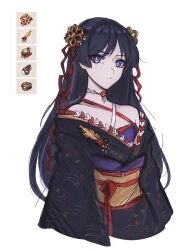 1boy alternate_costume alternate_hair_length alternate_hairstyle androgynous arms_at_sides black_hair black_kimono black_sleeves blunt_ends choker closed_mouth criss-cross_halter cropped_legs crossdressing crossdressing_(mtf) eyeliner eyeshadow floral_print floral_print_kimono flower genshin_impact hair_ornament halterneck highres japanese_clothes juban kimono long_hair looking_at_viewer makeup male_focus multicolored_hair obi obiage obijime off_shoulder official_art_inset print_kimono purple_eyes purple_pupils purple_undershirt red_eyeliner red_eyeshadow red_flower sash scaramouche_(genshin_impact) sgm618 solo split_mouth streaked_hair tears twitter_username white_choker wide_sleeves wispy_bangs yellow_kimono
