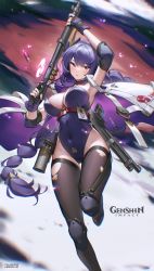 1girl absurdres alternate_costume arm_up armpits bilibili_xiaolu blush braid breasts brown_thighhighs cartridge chinese_commentary commentary_request copyright_name elbow_pads finger_on_trigger fingerless_gloves floating_hair genshin_impact gloves gun gun_on_back hand_up highleg highleg_leotard highres holding holding_gun holding_weapon jacket knee_pads large_breasts leotard long_hair looking_at_viewer low-braided_long_hair low-tied_long_hair mitsudomoe_(shape) parted_lips pink_hair purple_gloves purple_hair purple_leotard raiden_shogun shotgun sleeveless sleeveless_jacket solo standing standing_on_one_leg strapless strapless_leotard thighhighs thighs tomoe_(symbol) torn_clothes torn_thighhighs very_long_hair weapon weapon_on_back white_jacket