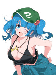 :d absurdres black_tank_top blue_eyes blue_hair breasts cleavage clothes_around_waist green_hat hair_bobbles hair_ornament hat highres kawashiro_nitori large_breasts light_blush midriff_peek navel newsboy_cap one_eye_closed open_mouth simple_background smile sweater sweater_around_waist tank_top touhou twintails upper_body usuusu white_background