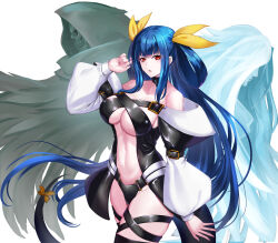 1girl angel_wings arc_system_works asymmetrical_wings bare_shoulders belt black_choker black_thighhighs blue_hair blush breasts center_opening choker cleavage collarbone dizzy_(guilty_gear) dtcy fingernails guilty_gear guilty_gear_x guilty_gear_xx hair_between_eyes hair_ribbon hair_rings highres large_breasts long_hair long_sleeves looking_at_viewer nail_polish navel necro_(guilty_gear) open_mouth puffy_long_sleeves puffy_sleeves red_eyes revealing_clothes ribbon sidelocks skindentation solo tail tail_ornament tail_ribbon thick_thighs thighhighs thighs twintails underboob undine_(guilty_gear) wings yellow_ribbon