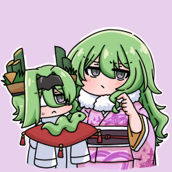 2girls animal blush chinese_zodiac closed_mouth cushion eyepatch green_hair green_nails grey_eyes hair_between_eyes highres honkai_(series) honkai_impact_3rd japanese_clothes kadomatsu kimono klein_(honkai_impact) lab_coat long_hair long_sleeves mobius_(honkai_impact) mokkyo_(motkyo) multiple_girls nail_polish obi outline pink_background pink_kimono sash simple_background sleeves_past_fingers sleeves_past_wrists small_sweatdrop snake sweat tassel very_long_hair white_outline wide_sleeves year_of_the_snake zabuton