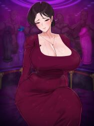 1girl bed black_hair blush breasts censored cleavage collarbone covered_navel dildo dress hair_bun highres huge_breasts jewelry mature_female mole mosaic_censoring multiple_boys necklace nuo_(30340120) original red_dress sex_toy single_hair_bun sitting solo_focus sweat