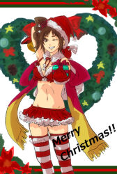 arm_up bikini box breasts brown_eyes brown_hair christmas christmas_wreath cleavage detached_collar english_text fur_collar fur_trim gift gift_box hat kunoichi_(sengoku_musou) merry_christmas midriff miniskirt mittens navel ninja one_eye_closed ponytail red_skirt santa_bikini santa_costume santa_hat scarf sengoku_musou side_pontail skirt smile striped_clothes striped_thighhighs thighhighs thighs wide_hips wink wreath