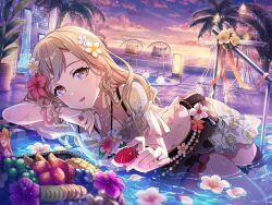 Rule 34 | 1girl, alternate costume, artist request, bang dream!, blonde hair, chair, cloud, cloudy sky, flower, food, fruit, hair ornament, holding, ichigaya arisa, long hair, looking at viewer, official alternate costume, official art, on water, outdoors, palm tree, pool, sky, solo, strawberry, sunset, tree, water, waterfall, wet, yellow eyes