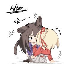 2girls absurdres anger_vein animal_ears arm_support biting biting_another&#039;s_hand black_hair black_socks blonde_hair bob_cut cat_ears cat_girl cat_tail chibi chinese_text commentary_request dkl_(dinosaurkl2) dress grey_dress hair_ribbon highres inoue_takina kemonomimi_mode long_hair long_sleeves lycoris_recoil lycoris_uniform multiple_girls nishikigi_chisato one_side_up pleated_dress red_dress red_ribbon ribbon short_hair sidelocks simple_background socks tail translation_request white_background yuri