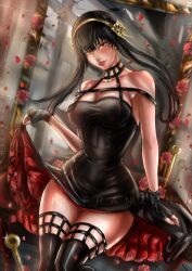 Rule 34 | 1girl, absurdres, black hair, breasts, cleavage, dagger, dress, fingerless gloves, gloves, gold hairband, hairband, highres, knife, looking at viewer, mature female, petals, red eyes, spy x family, stiletto (weapon), two-sided dress, two-sided fabric, van franzen, weapon, yor briar