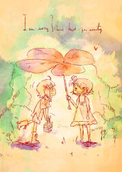 2girls =_= ahoge amami_haruka autumn_leaves bare_arms bare_legs bare_shoulders barefoot basket blush boots bow bowtie brown_eyes brown_hair bush chibi clenched_hand closed_eyes closed_mouth collared_shirt commentary_request dress english_text eyelashes footwear_ribbon frilled_dress frills futami_ami grass grin hair_bobbles hair_bow hair_ornament happy heart holding holding_basket holding_umbrella idolmaster idolmaster_(classic) knee_boots leaf leaf_umbrella leaning_forward leg_up looking_at_another miniskirt motion_lines multiple_girls one_side_up pink_boots pink_shirt pink_skirt red_bow shadow shared_umbrella shirt short_dress short_hair short_sleeves skirt skirt_set sleeveless sleeveless_dress smile spaghetti_strap standing sundress tareme umbrella walking white_bow white_bowtie white_dress yae_(mono110) yuri