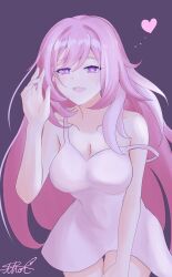 1girl absurdres artist_name bare_shoulders breasts cleavage collarbone commentary_request diamond-shaped_pupils diamond_(shape) dress elf elysia_(herrscher_of_human:_ego)_(honkai_impact) elysia_(honkai_impact) heart highres honkai_(series) honkai_impact_3rd large_breasts long_hair official_alternate_costume open_mouth pink_hair pointy_ears purple_background purple_eyes solo symbol-shaped_pupils thighs thor_gdgd very_long_hair white_dress