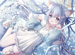 1girl ahoge animal_ear_fluff animal_ears ankle_garter blue_background blue_eyes blue_flower blue_hair blue_jacket blue_ribbon blue_tail blush cat_ears commentary_request commission cropped_jacket cross-laced_clothes cross-laced_dress cross-laced_shoes dress floating floating_hair floral_background flower frilled_dress frills full_body fur-trimmed_jacket fur_trim hair_ornament hair_ribbon halo halo_ornament highres jacket leg_ribbon long_hair looking_at_viewer low_twintails multicolored_hair neck_ribbon nyao12 original paw_pose red_ribbon ribbon shoes signature skeb_commission snowflakes solo star_halo streaked_hair sugarneko thighhighs tongue tongue_out twintails white_background white_dress white_shoes white_thighhighs wing_hair_ornament yellow_halo