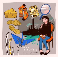 1girl artist_name black_hair black_shirt black_shoes blue_pants chair cheese dated earrings eel food gem jewelry long_sleeves medium_hair mirror origami original pants paper_crane peanut pocky pocky_day procreate_(medium) shirt shoes signature sitting smile socks solo swiss_cheese tomidoron wide_shot