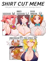 Rule 34 | 5girls, absurdres, akagi (azur lane), belt bra, black hair, bleach, bleach: sennen kessen-hen, blonde hair, blush, breasts, brown hair, cleavage, cleavage cutout, closed eyes, clothing cutout, dark-skinned female, dark skin, genshin impact, gradient hair, grey hair, guilty gear, hair ornament, hair tubes, highres, huge breasts, inoue orihime, kantai collection, kobayashi-san chi no maidragon, large breasts, long hair, looking at another, looking at viewer, looking up, lucoa (maidragon), meme, multicolored hair, multiple drawing challenge, multiple girls, open mouth, orange hair, pink hair, purple eyes, ramlethal valentine, red eyes, revealing clothes, shirt cut meme, short hair, sideboob, sideboob cutout, simple background, smile, teeth, underboob, white background, white hair, yae miko, yellow eyes