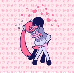 &gt;_&lt; 1boy 1girl black_boots black_shoes boots clenched_hands couple crossdressing deformed dot_nose flying_sweatdrops full_body grey_shirt heart hetero highres hug kiss kissing_cheek long_hair original outline pink_background pink_hair rari_q rectangular_mouth school_uniform shirt shoes short_hair skirt thighhighs twintails white_skirt white_thighhighs wide_shot