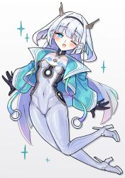 1girl absurdres black_gloves blue_jacket blunt_ends bodysuit breasts covered_navel eudie_(shadowverse) gloves high_heels highres jacket konomi_eisuke long_hair long_sleeves looking_at_viewer one_eye_closed open_clothes open_jacket open_mouth shadowverse:_worlds_beyond simple_background small_breasts solo very_long_hair white_background white_bodysuit white_hair