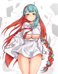 1girl :o ahoge ajidot blue_hair blush_stickers bow braid breasts cropped_hoodie electricity full_body gluteal_fold green_eyes half-closed_eyes high-waist_skirt hood hoodie large_breasts last_origin long_hair long_sleeves looking_at_viewer miniskirt multicolored_hair neodym open_mouth red_hair red_ribbon revealing_clothes ribbon shiny_skin simple_background single_braid skirt solo sparks standing transparent_background two-tone_hair underboob v-shaped_eyebrows very_long_hair waist_bow white_bow white_hood white_hoodie white_skirt