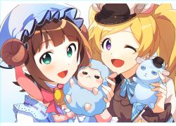 2girls amami_haruka amami_haruka_(pastel_night_sheep) ap_bar bell blonde_hair bow bowtie brown_hair emily_stewart goat green_eyes hat holding holding_stuffed_toy horns idol idol_clothes idolmaster idolmaster_(classic) idolmaster_million_live! idolmaster_million_live!_theater_days light_blush long_hair mob_cap multiple_girls neck_ribbon purple_eyes ribbon sheep sheep_horns short_hair simple_background smile stuffed_animal stuffed_goat stuffed_sheep stuffed_toy twintails