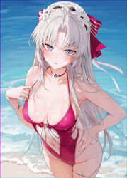 1girl alternate_costume aqua_eyes bare_shoulders blush bow breasts carlotta_(wuthering_waves) casual_one-piece_swimsuit center_opening collarbone commentary cowboy_shot earrings hair_bow hand_on_own_hip highleg highleg_one-piece_swimsuit highres jewelry large_breasts long_hair looking_at_viewer navel one-piece_swimsuit outdoors paid_reward_available parted_bangs parted_lips pink_bow pink_one-piece_swimsuit ru_zhai shore stomach striped_bow swimsuit very_long_hair water wet white_hair wuthering_waves
