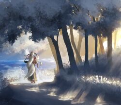 1girl absurdres alternate_hair_length alternate_hairstyle animal_ears arm_up black_skirt bridal_gauntlets commentary_request day ferret forest geta grass hair_ribbon hat highres inubashiri_momiji long_hair long_sleeves nature oubachiago outdoors pom_pom_(clothes) procreate_(medium) red_hat red_ribbon ribbon scenery skirt solo sword tail tengu-geta tokin_hat touhou tree water weapon weapon_on_back white_hair wide_sleeves wolf_ears wolf_girl wolf_tail