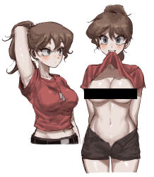 1girl arm_behind_head armpits bar_censor belt black_belt blush breasts brown_hair brown_shorts bubi_(bin1886) censored censored_nipples commentary_request cropped_legs cropped_torso dog_tags genderswap genderswap_(mtf) grey_eyes highres korean_commentary large_breasts long_hair looking_at_viewer midriff mouth_hold multiple_views navel no_bra open_fly ponytail red_shirt scout_(tf2) shirt short_sleeves shorts simple_background stomach team_fortress_2 white_background