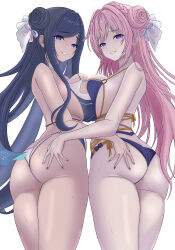 2girls alternate_costume artist_request ass bare_shoulders bikini blue_eyes blue_hair breast_press breasts butt_crack come_hither dorothy_(nikke) double_bun from_behind from_below goddess_of_victory:_nikke hair_bun hair_ribbon hand_on_another&#039;s_ass huge_ass large_breasts long_hair looking_at_viewer looking_back multiple_girls naughty_face pink_hair purple_eyes raven_(stellar_blade) ribbon sideboob smile stellar_blade sweat swimsuit thick_thighs thighs thong thong_bikini very_long_hair