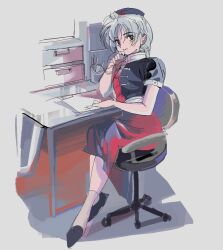 1990s_(style) 1girl 6osquet black_shoes blue_dress braid chair dress full_body hand_on_own_chin hat long_hair nurse_cap office_chair red_dress red_eyes retro_artstyle shoes short_sleeves sitting socks solo swivel_chair table touhou two-tone_dress white_hair white_socks yagokoro_eirin