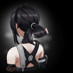 Rule 34 | 1girl, absurdres, ahoge, back, bar censor, bare shoulders, black background, black hair, censored, chest strap, commentary, criss-cross back-straps, cropped torso, cum, cum on hair, disembodied penis, english commentary, fiery (ahhh7475), from behind, grace howard, hair focus, hairjob, highres, long hair, penis, ponytail, profile, sidelocks, simple background, solo, steam, sweat, upper body, variant set, zenless zone zero