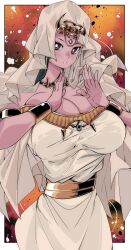 Rule 34 | 1girl, absurdres, ancient egyptian clothes, armlet, artist name, black hair, border, breasts, brown eyes, cleavage, commentary, dark-skinned female, dark skin, dress, eye of horus, forehead jewel, highres, ishizu ishtar, jewelry, kinakomochi (user vedc2333), large breasts, looking at viewer, millennium necklace, parted lips, solo, veil, white border, white dress, yu-gi-oh!, yu-gi-oh! duel monsters