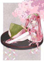 Rule 34 | 1girl, bare shoulders, blush, border, cherry blossoms, cherry hair ornament, closed mouth, commentary request, detached sleeves, double-parted bangs, food, food-themed hair ornament, fork, frilled skirt, frilled sleeves, frills, full body, grey background, hair ornament, hatsune miku, highres, holding, holding fork, japanese clothes, kimono, long hair, long sleeves, looking at viewer, mochi, obi, outside border, pink eyes, pink hair, pink kimono, pink sandals, pink sash, pink skirt, pink sleeves, pleated skirt, sakura miku, sakura mochi, sandals, sash, sitting, skirt, sleeveless, sleeveless kimono, smile, solo, thighhighs, twintails, very long hair, vocaloid, wagashi, white border, white thighhighs, yuni (irohasuiroiro)