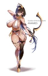 1girl ahoge ancient_egyptian_clothes asymmetrical_legwear bare_shoulders black_thighhighs blue_eyes blush bob_cut bracelet breasts brown_hair cleavage crescent_sword dark-skinned_female dark_skin earrings fishnet_thighhighs fishnets gloves hair_between_eyes hair_ornament half_gloves highres holding holding_sword holding_weapon horns huge_breasts jewelry mataro_(matarou) mismatched_legwear navel original revealing_clothes short_hair slingshot_swimsuit solo standing swimsuit sword thick_thighs thighhighs thighs usekh_collar weapon white_slingshot_swimsuit