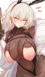 0nineo9 1girl absurdres animal_ears breasts covered_navel cross cross_earrings earrings fake_animal_ears fate/grand_order fate_(series) fur_trim gloves grey_hair highres huge_breasts jeanne_d&#039;arc_alter_(fate) jewelry large_areolae leotard nipples nontraditional_playboy_bunny playboy_bunny puffy_nipples rabbit_ears solo torn_clothes yellow_eyes