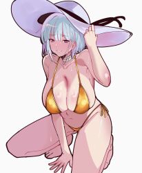 1girl absurdres bandaged_neck bandages barefoot between_legs bikini breasts cleavage collarbone girls&#039;_frontline gold_bikini grey_hair hand_between_legs hat highres large_breasts looking_at_viewer loveu navel purple_eyes rpk-16_(girls&#039;_frontline) short_hair side-tie_bikini_bottom simple_background smile solo squatting sun_hat swimsuit white_background white_hat
