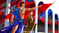 2boys arch armlet arzu black_hair black_robe black_scarf blue_robe blue_sky bracer brown_hair cane castle character_request chinese_clothes chinese_commentary closed_mouth cloud cloudy_sky collared_robe commentary_request expressionless feet_out_of_frame flag floating_clothes forehead gold_necklace gradient_sky high_collar highres holding holding_cane jewelry knees lake lips long_sleeves looking_ahead male_focus multiple_boys nawfal necklace night night_sky outstretched_arm own_hands_together pale_skin realistic red_sky reflection reflective_water robe scarf short_hair short_sleeves sky sultan&#039;s_game thick_eyebrows toned toned_male war wide_sleeves yitan_haoqing