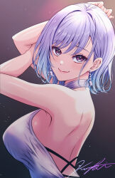 Rule 34 | 1girl, armpits, blue hair, blush, breasts, dress, earrings, evening gown, fingernails, glint, highres, idolmaster, idolmaster shiny colors, jewelry, koya (koya x 00), large breasts, looking at viewer, purple eyes, short hair, sideboob, signature, smile, solo, suzuki hana, upper body