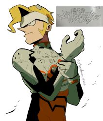 1boy adjusting_clothes blonde_hair bodysuit commentary frown headband highres interface_headset_(evangelion) male_focus marco_rossi mecha_pilot_suit metal_slug neon_genesis_evangelion parody pencilman_draws plugsuit_(evangelion) serious solo turtleneck turtleneck_bodysuit twitter_username upper_body white_headband