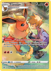 Rule 34 | 1boy, artist name, blue oak, blue pants, boots, brown boots, brown hair, card (medium), character name, closed eyes, closed mouth, company name, copyright name, copyright notice, eevee, english text, flareon, flower, gen 1 pokemon, grass, iribi you, jewelry, light particles, long sleeves, necklace, nintendo, official art, orange fur, outdoors, pants, pink flower, pokemon, pokemon (creature), pokemon card, pokemon rgby, pokemon tcg, purple shirt, red flower, shirt, smile, spiked hair, sunlight, teeth, third-party source, trading card, yellow fur