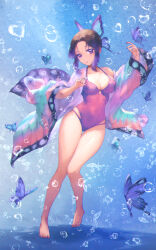 Rule 34 | 1girl, air bubble, animal print, black hair, breasts, bubble, bug, butterfly, butterfly hair ornament, butterfly print, cleavage, commentary, full body, gradient hair, hair ornament, haori, heart bubbles, insect, japanese clothes, kimetsu no yaiba, kochou shinobu, large breasts, multicolored hair, one-piece swimsuit, purple eyes, purple hair, purple one-piece swimsuit, solo, swimsuit, yuki (nyge2252)