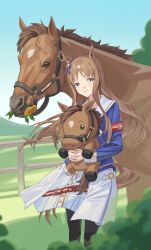 1girl animal_ears armband black_pantyhose blue_eyes blue_jacket blue_sky bow brown_hair closed_mouth creature_and_personification dandelion dress ear_bow ear_ornament ear_ribbon eating fence field flower grass grass_wonder_(racehorse) grass_wonder_(umamusume) highres holding horse horse_ears horse_girl horse_tail jacket long_hair long_sleeves looking_at_viewer matoi_sakuretsu multicolored_hair outdoors pantyhose personification real_life red_armband reins sailor_collar sky smile stuffed_animal stuffed_horse stuffed_toy tail umamusume white_dress white_hair